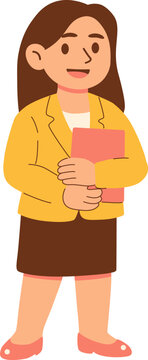 Cartoon Illustration of a Cheerful Businesswoman Holding a Folder in Office Attire
