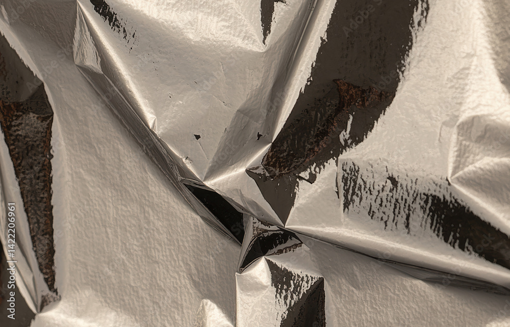 Aufkleber silver foil with shiny, metallic texture creates a reflective, angular surface. crinkled, folded des