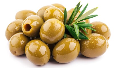 Fresh Green Olives with Olive Leaves Isolated on White Background