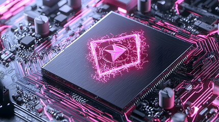 A computer chip with a glowing symbol. It's a futuristic design perfect for tech-related presentations or science fiction projects.