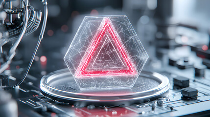 Futuristic tech design featuring a glowing red triangle within a shattered glass-like structure. Great for digital art gaming or sci-fi concepts.