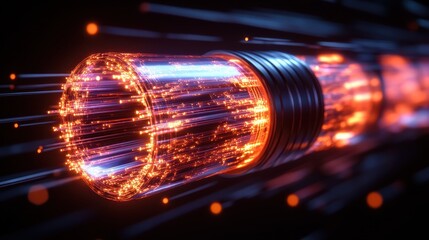 Glowing Optical Fiber Cable Data Stream with Abstract Light Trails and Metallic Rings Design