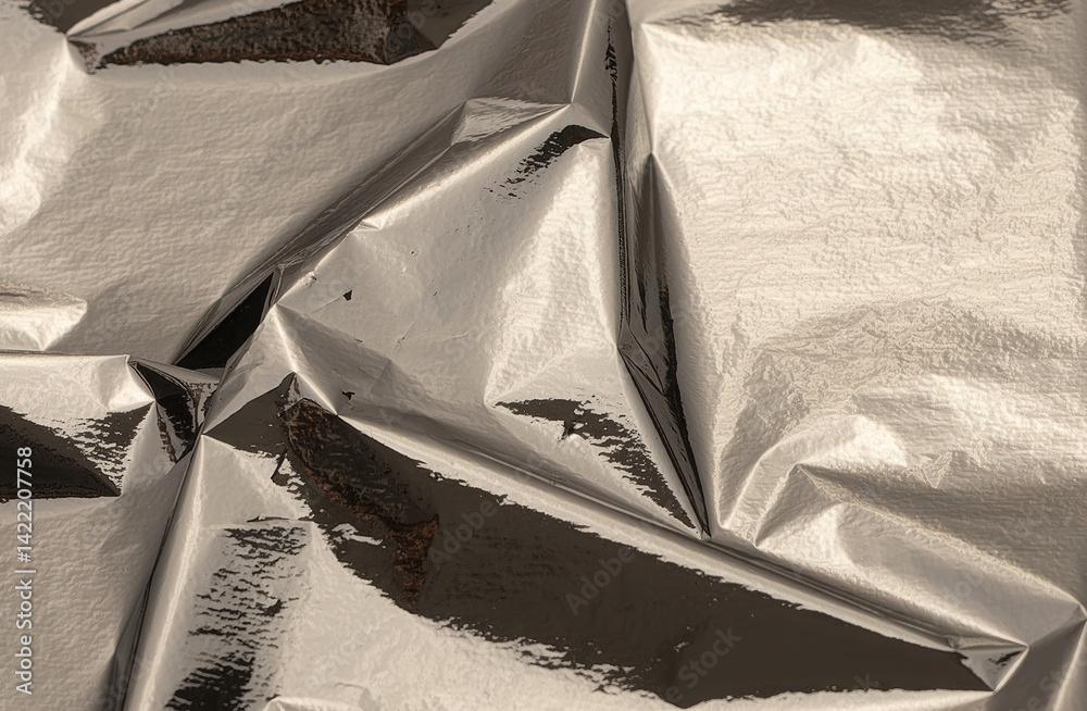 Poster silver foil with shiny, metallic texture creates a smooth, reflective surface. crinkled, folded angu