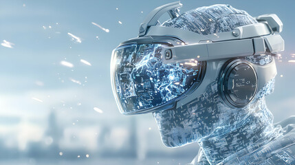Futuristic VR headset merges reality and digital realms. Ideal for immersive gaming or data visualization applications. Experience the future today.