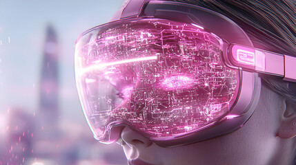 Futuristic image of a person wearing pink augmented reality goggles with circuit board visuals. Suggests virtual world immersion or technological advancement applications.