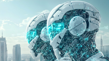 Futuristic robot heads with glowing circuits. Ideal for tech innovation or AI concepts. Suitable for presentations articles or web design.