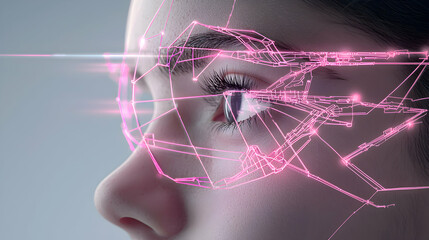 A close-up of a person's eye overlaid with a glowing pink digital circuit design. Suggests futuristic technology like AR or AI enhancements to vision.