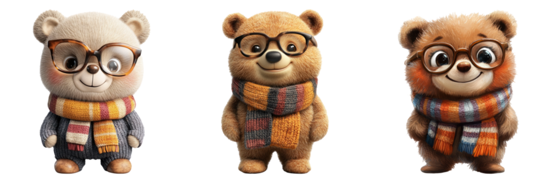 Teddy bears in warm outfits and glasses isolated on transparent PNG image perfect for toy shop graphics or children apparel
