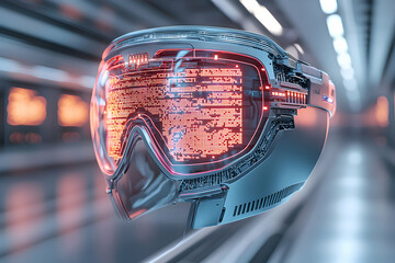 Futuristic VR goggles with a glowing display. Ideal for gaming or immersive experiences. A cutting-edge augmented reality device for the future. Possibly for data visualization too.