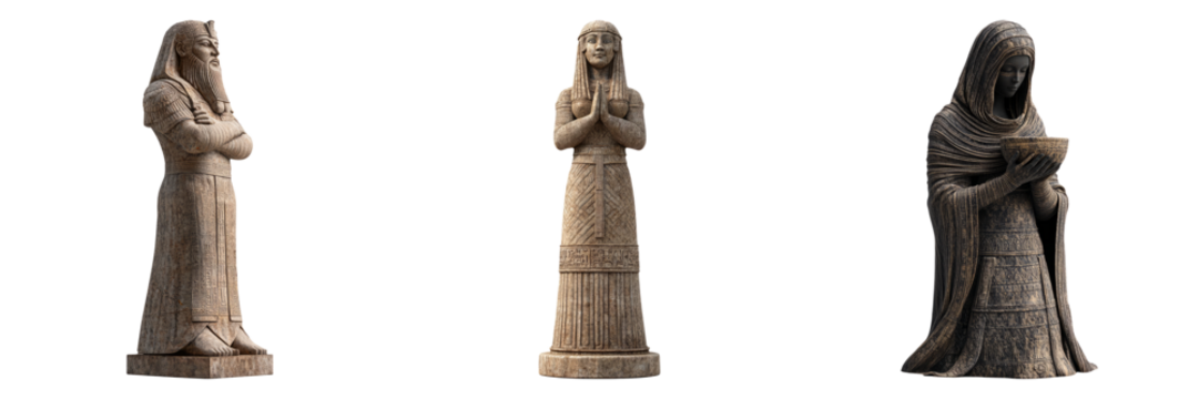Ancient wood sculptures in standing female forms isolated on transparent PNG image perfect for archaeological or cultural projects