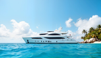 Luxury yacht moored in turquoise waters against tropical backdrop  