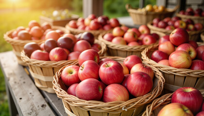 Fresh apples arranged in baskets under warm sunlight  