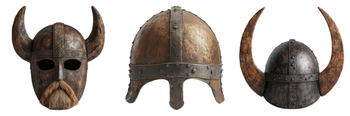 Viking helmets with horns in bronze and iron isolated on transparent PNG image perfect for Nordic-themed stories or gaming assets