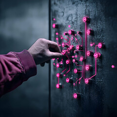 A person's hand interacts with a glowing circuit board design. The image suggests technology control or futuristic interface use. Great for digital art or tech presentations.