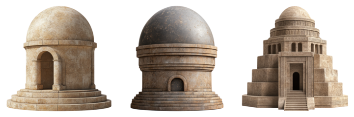 Stone domes and traditional architecture in grey tones isolated on transparent PNG image perfect for archaeological or sacred structures