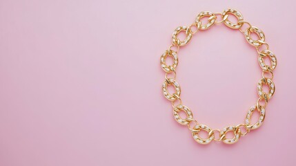 Obraz premium Elegant gold necklace arranged in a spiral on a soft pastel pink background with subtle shadows
