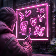 A person uses a laser pointer to interact with a neon sign featuring various futuristic symbols. Great for cyberpunk or sci-fi themes and digital art.