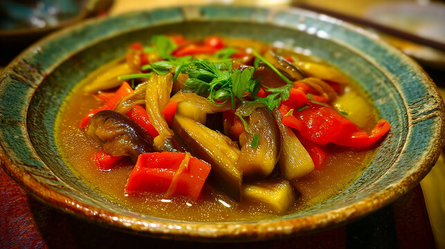 Simmered eggplant and bell pepper in dashi broth rus
