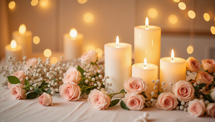 Romantic candles and pink roses against soft glowing background  