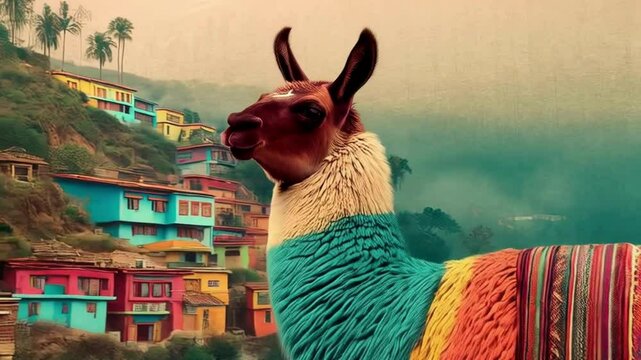 Colorful Llama in Andean Village Landscape