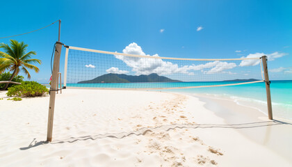 Beach volleyball net on sandy shore with clear blue water  
