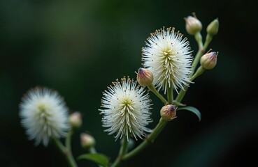Close-up white pequi flowers Caryocar brasiliense on green stem with buds. Brazilian Cerrado Biome plant in selective focus. Spring season, flora, botanical illustration.