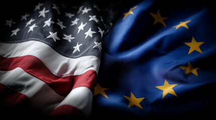 Flags of USA and EU are signifying international relations, cooperation or conflict between countries