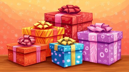 Gift boxes with shiny wrapping paper and bows stacked on a wooden table with ribbons