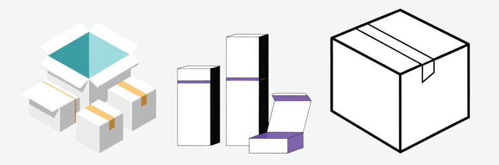 Open and close white gift boxes set, white square box top view, open cap, empty packages mockup 3d isolated, container mockup, empty carton package, realistic paper box - 