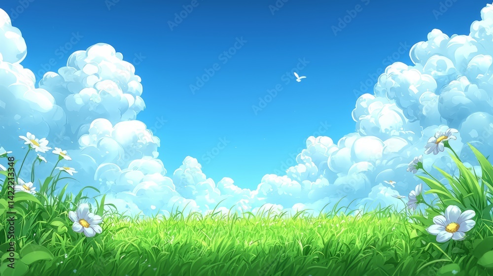 Poster field of grass with a few white flowers and a bird flying in the sky. the sky is mostly cloudy, but 
