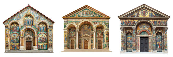 Obraz premium Historic cathedral facades with colorful mosaic details isolated on transparent PNG image perfect for religious architecture visuals