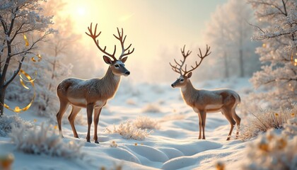 Obraz premium Two majestic golden deer stand in serene winter landscape. Snowy forest, soft light, creating tranquil atmosphere. Magical festive holiday art, perfect for winter designs, Christmas cards, seasonal