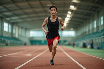 Fototapeta premium Track Sprint Practice: Young Asian Man Running Fast on Rubber Track, Black Singlet, Red Shorts, Community Sports Facility