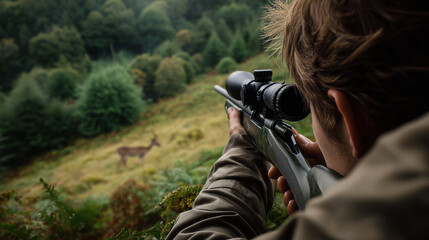 Hunter aiming a rifle with telescopic sight at a deer in a forest during a hunting day
