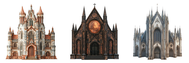 Gothic cathedrals with pointed arches and rose windows isolated on transparent PNG image perfect for fantasy or European design sets