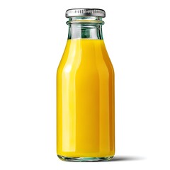 A clear glass bottle filled with vibrant yellow juice, isolated on a clean white background