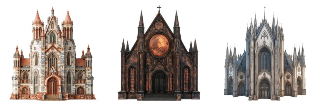 Gothic cathedrals with pointed arches and rose windows isolated on transparent PNG image perfect for fantasy or European design sets