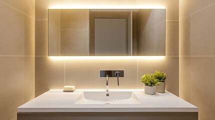 Mirror built into a recessed wall niche with subtle mood lighting above sink