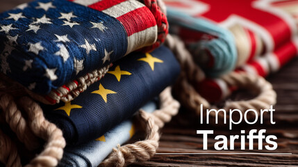 Obraz premium US and EU flags folded and tied with rope, representing the negative impact of import tariffs on international trade