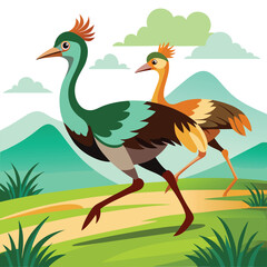 Ostrich birds running the field shilhotee vector isolated on white background 