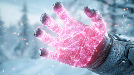 A futuristic hand glows with pink energy and intricate lines. This could be concept art for a sci-fi game or a visualization of a new tech concept.