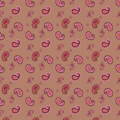 Playful Pink and Red Paisley on Warm Tan Seamless Pattern for Textiles Print on Fabric