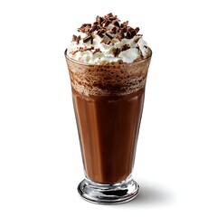 A delicious chocolate milkshake in a tall glass, topped with whipped cream and chocolate shavings, isolated on a white background
