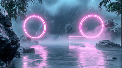 A vibrant neon dreamscape with a serene sea rocks and palm trees. Ideal for wallpapers backgrounds or futuristic tech designs. Its moody vibe evokes mystery and calm