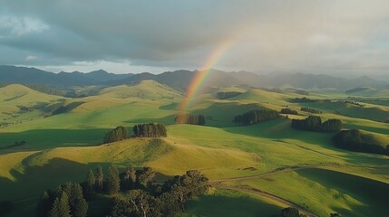 Rainbow arching over rolling green hills after a rain shower in the countryside