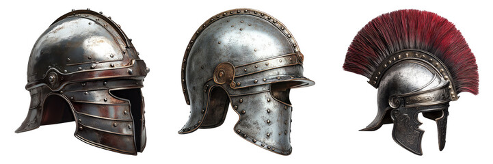 Roman gladiator helmets in detailed metal textures isolated on transparent PNG image perfect for historical warfare themes