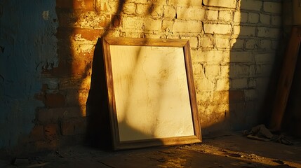 Single rustic frame leaning against a brick wall with soft afternoon light