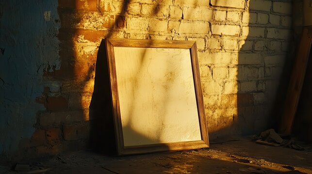 Single rustic frame leaning against a brick wall with soft afternoon light - Powered by Adobe