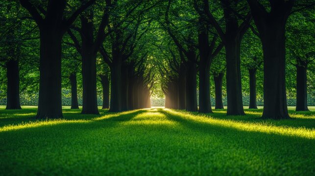 Tree tunnel beckons with light a vibrant lawn welcomes journeys end