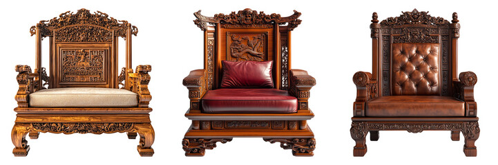 Traditional wooden armchairs with ornate carving isolated on transparent PNG image perfect for interior illustrations or antique catalogs